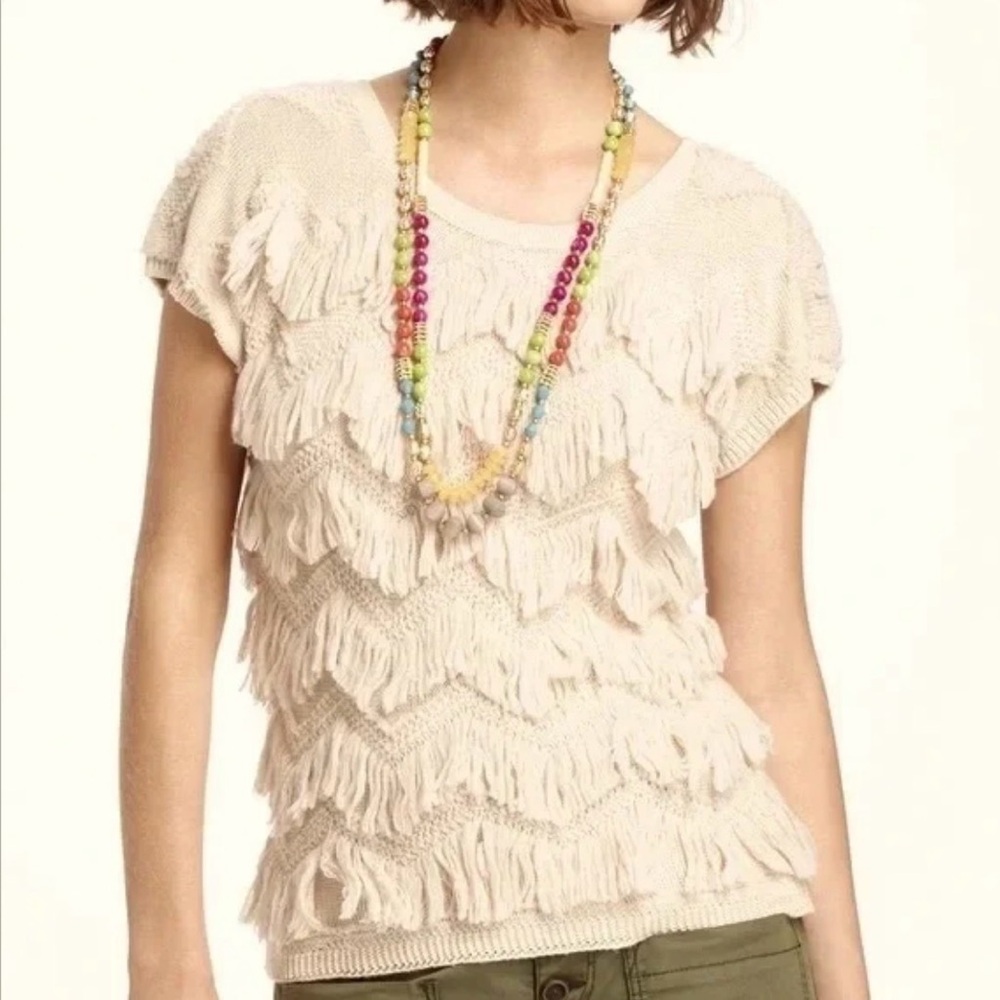 ANTHROPOLOGIE SPARROW CREAM SOFT KNIT FRINGE SHORT SLEEVE SWEATER TOP MEDIUM